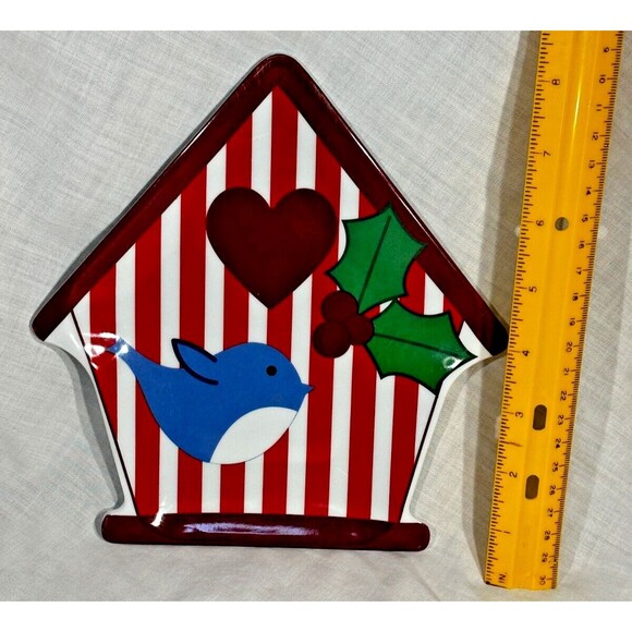 MELAMINE 8" Christmas Candy/Trinket Dish/Plate - Birdhouse Bluebird Holly Heart - Picture 5 of 6